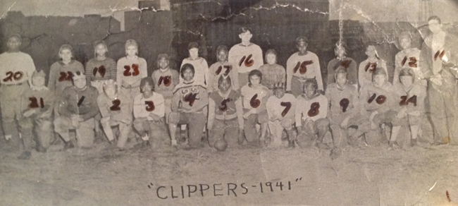 Chuck’s first football team, the Clippers, an interracial sandlot team coached by Russ Alexander, far left. Chuck is next to him, wearing number 21 in the picture. Courtesy of the Noll Family.